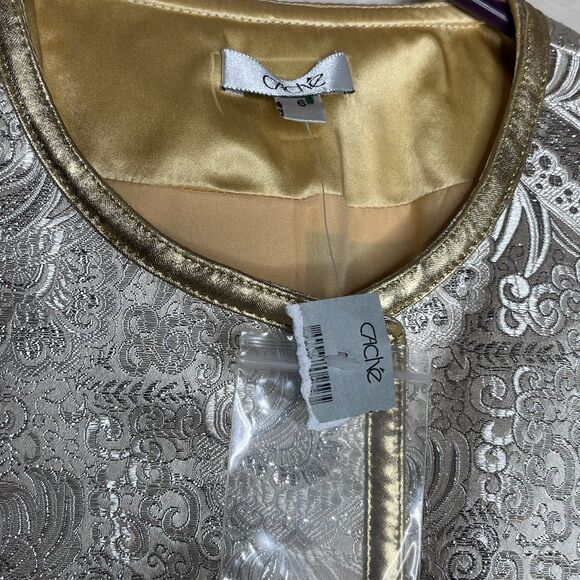 Cache Gold Silver Metallic Paisley Lined Rhinestone Button Jacket Women’s Size 6 - Picture 5 of 10